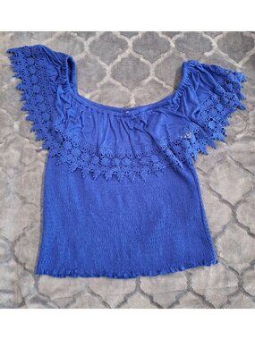 NWT Rewind Blue Off-Shoulder Smocked Blouse With Lace Detail Size XXL